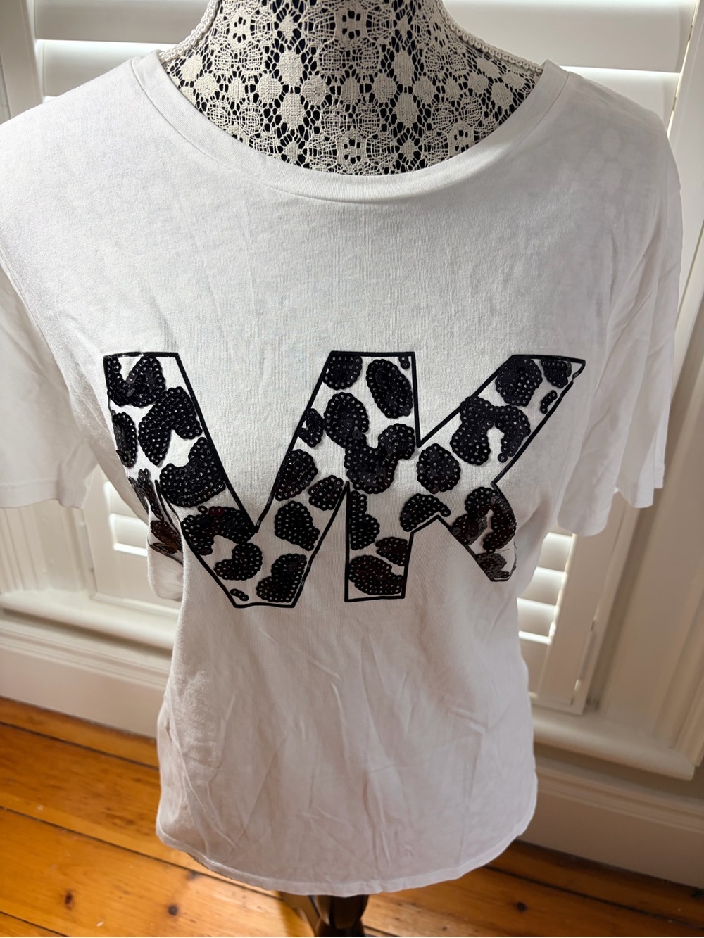 Michael Kors White Tee with Black Sequin Leopard 'MK' Logo